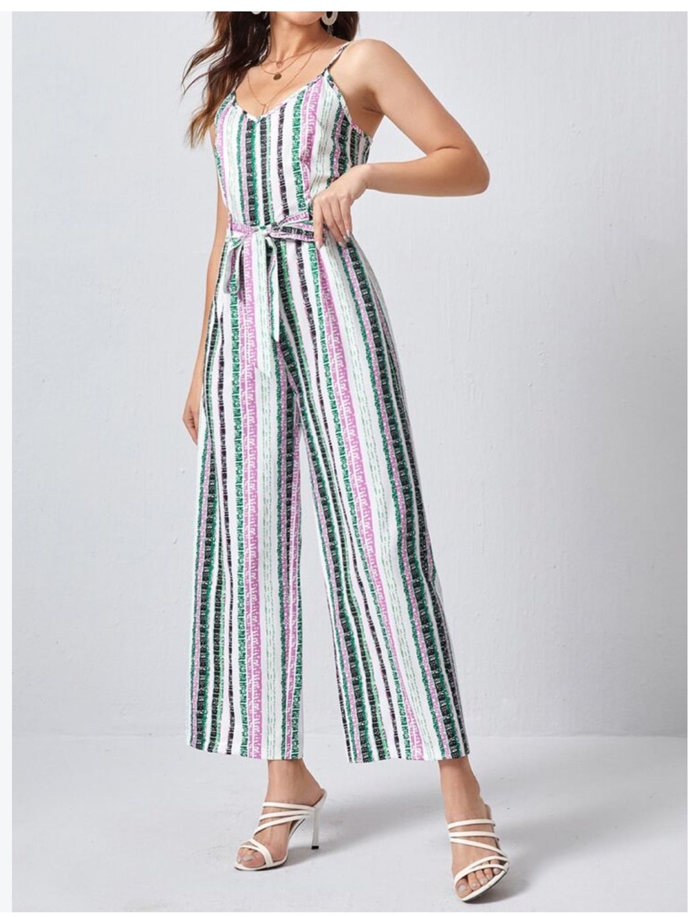 SHEIN Green, Pink & White Striped Sleeveless Jumpsuit